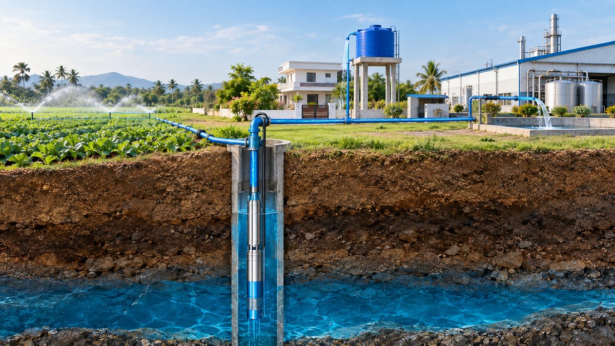 Submersible pump in a borewell supplying water to farms, homes and industry in Coimbatore