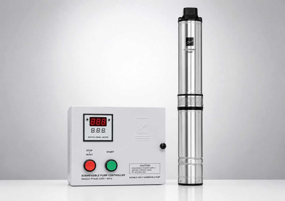 Submersible pump with single phase pump controller panel