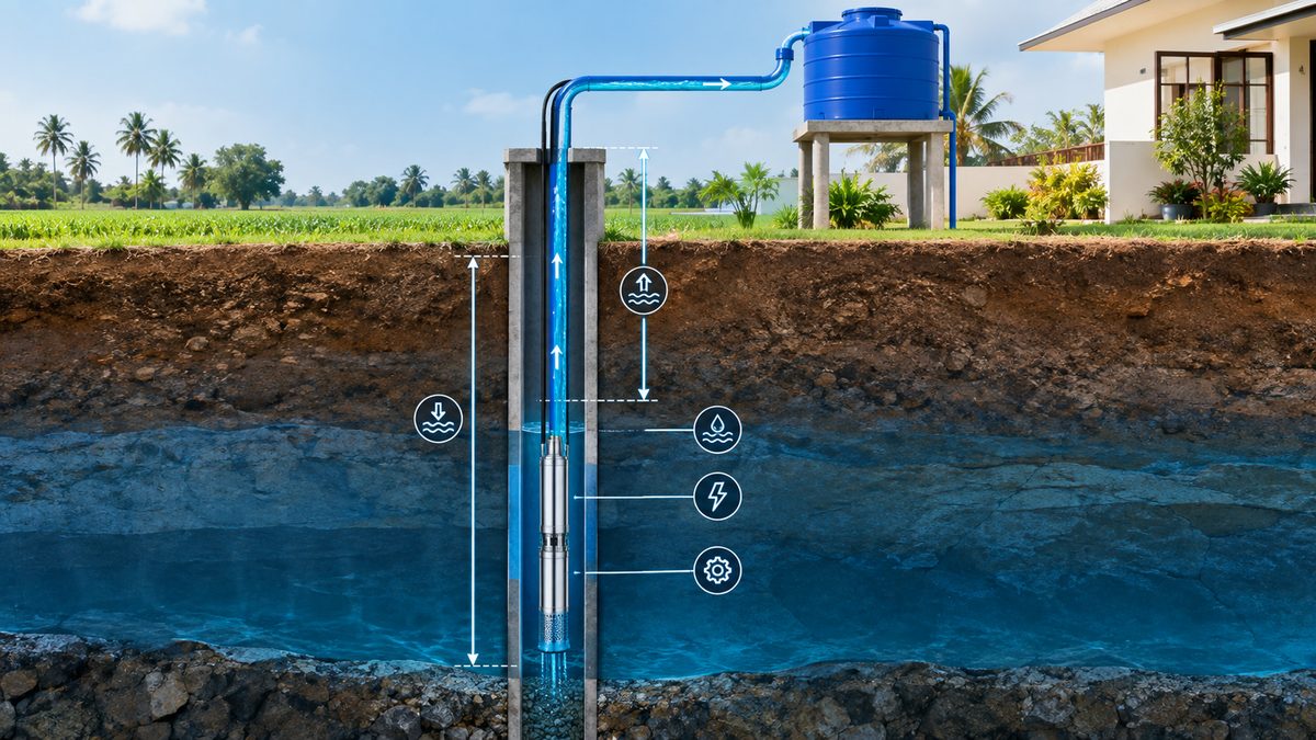 Borewell cross-section showing submersible pump depth, water level, lifting height and motor